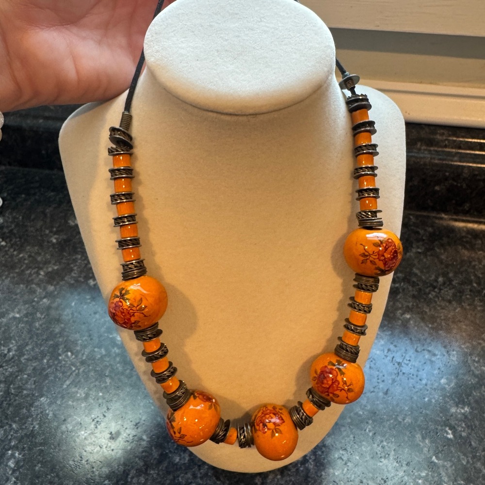 Vintage Bohemian Orange Floral Statement Necklace Beaded Accents Rose Motif